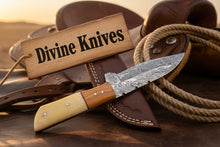 Load image into Gallery viewer, Bone and Wood Accent Damascus Knife Built for Field Dressing