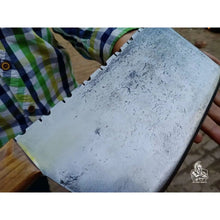 Load image into Gallery viewer, 9-Inch Kitchen Cleaver — Dull-Polished Blade with Filework Spine, Natural Wood Handle (14-Inch Overall, Full Tang, Hand-Forged)