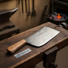 Load image into Gallery viewer, 9-Inch Kitchen Cleaver — Dull-Polished Blade with Filework Spine, Natural Wood Handle (14-Inch Overall, Full Tang, Hand-Forged)