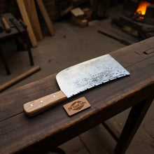 Load image into Gallery viewer, 9-Inch Kitchen Cleaver — Dull-Polished Blade with Filework Spine, Natural Wood Handle (14-Inch Overall, Full Tang, Hand-Forged)