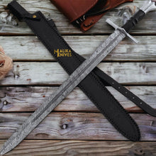 Load image into Gallery viewer, Handmade Medieval Damascus Arming Templar Knight Sword with Leather sheath-901