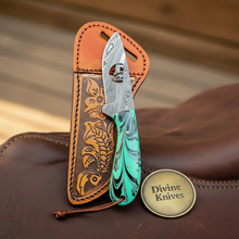Load image into Gallery viewer, Praying Cutout Cowboy Knife with Teal Acrylic Handle
