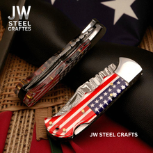 Load image into Gallery viewer, American Flag Damascus Folding Hunter with Ram Horn Handle