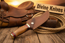 Load image into Gallery viewer, Brass Guard Damascus Gut Hook Knife with Multi Ring Wood Handle