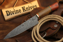 Load image into Gallery viewer, Red and Green Ring Accented Damascus Knife with Wood Tag