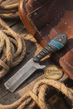 Load image into Gallery viewer, Micarta and Turquoise Bull Cutter with Scale Pattern Damascus Blade