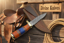 Load image into Gallery viewer, Multi Color Wood Damascus Knife with Brass Bolster Detailing