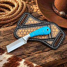 Load image into Gallery viewer, Custom Handmade Horse Rasp Stainless Steel 3-Inch Western Bull Cutter with Turquoise Stone Handle &amp; Leather Sheath