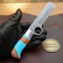 Load image into Gallery viewer, Turquoise Damascus Bull Cutter &amp; Skinner Set with Leather Sheath