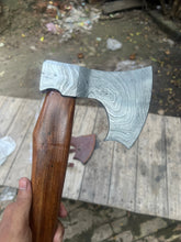 Load image into Gallery viewer, Damascus Viking Bearded Hatchet with Bare Wood Haft