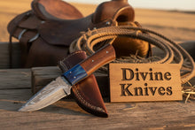 Load image into Gallery viewer, Two-Tone Blue Accent Damascus Knife with Warm Tan Wood Handle