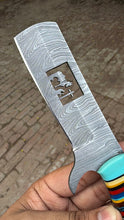 Load image into Gallery viewer, Damascus Bull Cutter Knife Multi-Color Rainbow Resin Handle, Christian Cross Blade Engraving, Steel Bolster &amp; Lanyard Hole
