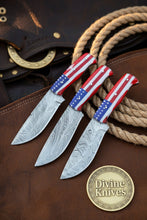 Load image into Gallery viewer, Damascus Skinner Knife Set with American Flag Handles (Set of 3)