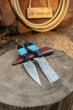Load image into Gallery viewer, Handmade Damascus Skinner 7”–8” Knife Set Cowboy Ranch Blades Turquoise Handle with Sheath
