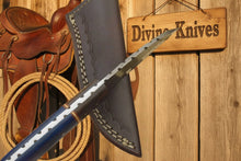 Load image into Gallery viewer, Blue Pakka Wood Damascus Knife with Contrasting Dark Wood Spacer