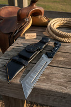 Load image into Gallery viewer, Handmade Damascus Tracker Knife 12” Sawback Blade Survival Knife Black resin Handle &amp; Sheath