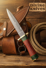Load image into Gallery viewer, Minimalist Dark Wood Damascus Knife with a Single Green Ring Detail