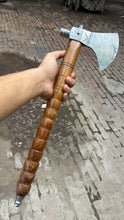 Load image into Gallery viewer, Hand Forged Damascus Smoking Axe with Ringed Hardwood Handle and Leather Sheath | JW SteelCrafts