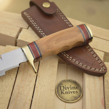Load image into Gallery viewer, Olive Wood Damascus Knife Accented with Red and Brass Rings