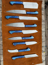 Load image into Gallery viewer, 9-Piece Damascus Kitchen Knife Set with Leather Roll and Blue Pakka Wood Handles