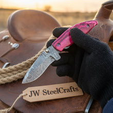 Load image into Gallery viewer, Persian Damascus Folding Knife Set 7” opened Pink &amp; Blue Pakka Wood EDC Blades