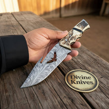 Load image into Gallery viewer, Eagle Cutout Damascus Hunter with Bird Silhouette and Stag Handle