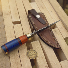 Load image into Gallery viewer, Multi Color Wood Damascus Knife with Brass Bolster Detailing