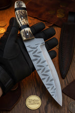 Load image into Gallery viewer, Stag Horn Cowboy Hunter Knife with Leaf Textured Spine