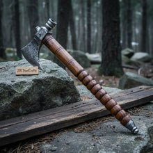 Load image into Gallery viewer, Hand Forged Damascus Smoking Axe with Ringed Hardwood Handle and Leather Sheath | JW SteelCrafts