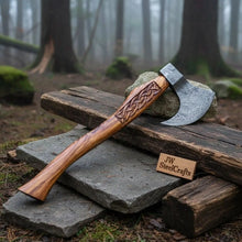 Load image into Gallery viewer, Hand Forged Damascus Bearded Viking Axe, Carved Rosewood Handle Nordic Bushcraft Hatchet | JW SteelCrafts
