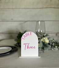 Load image into Gallery viewer, Arch Table Numbers | Acrylic Table Numbers | Custom Table Numbers | Wedding Décor | Wedding Table Numbers | Table Numbers with Stand
