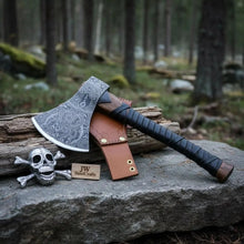 Load image into Gallery viewer, Heavy-Duty Damascus Camp Axe with Leather Wrap Handle