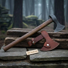 Load image into Gallery viewer, Hand Forged Damascus Steel Viking Axe – True Layered Bearded Axe with Hardwood Handle &amp; Leather Sheath | JW SteelCrafts