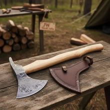 Load image into Gallery viewer, Damascus Camping Axe with 22 Inch Ash Handle – Hand Forged Bushcraft Axe with Leather Sheath | JW SteelCrafts
