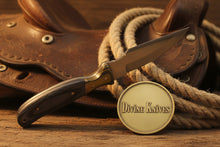 Load image into Gallery viewer, Yellow Accent Damascus Knife with Gray Wood Handle and Lanyard Hole