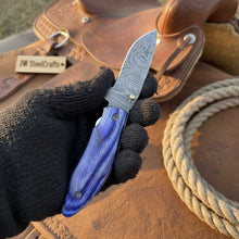 Load image into Gallery viewer, Hand Forged Damascus Gentleman’s Folding Knife Blue Pakkawood Handle Liner Lock EDC