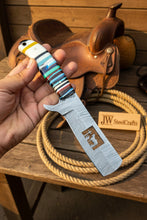 Load image into Gallery viewer, Damascus Bull Cutter Knife Multi-Color Rainbow Resin Handle, Christian Cross Blade Engraving, Steel Bolster &amp; Lanyard Hole