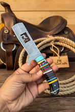 Load image into Gallery viewer, Damascus Bull Cutter Knife Multi-Color Rainbow Resin Handle, Christian Cross Blade Engraving, Steel Bolster &amp; Lanyard Hole