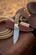Load image into Gallery viewer, Handmade Damascus Field Knife 8” Bushcraft Knife Wood Handle with Leather Sheath