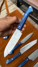 Load image into Gallery viewer, 9-Piece Damascus Kitchen Knife Set with Leather Roll and Blue Pakka Wood Handles