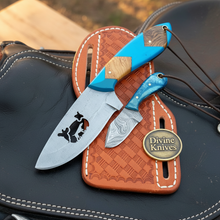 Load image into Gallery viewer, Cattle Engraved Drop Point Knife with Blue Resin &amp; Wood Inlay for Field Dressing Tasks