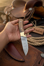 Load image into Gallery viewer, Handmade Damascus Field Knife 8” Bushcraft Knife Wood Handle with Leather Sheath