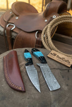 Load image into Gallery viewer, Handmade Damascus Skinner 7”–8” Knife Set Cowboy Ranch Blades Turquoise Handle with Sheath