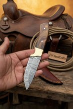 Load image into Gallery viewer, Handmade Damascus Field Knife 8” Bushcraft Knife Wood Handle with Leather Sheath