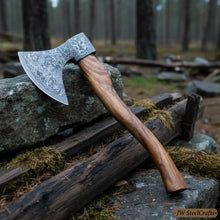 Load image into Gallery viewer, Hand Engraved Norse Viking Bearded Axe with Damascus Steel Blade and Carved Hardwood Handle | JW SteelCrafts