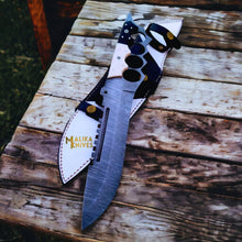 Load image into Gallery viewer, Black White Damascus Knuckle Bowie Knife Resin Handle