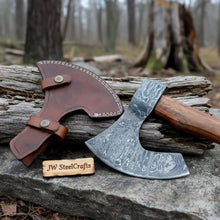 Load image into Gallery viewer, Damascus Steel Camp Axe with 19 Inch Rosewood Handle, Handmade Bushcraft Hatchet with Leather Sheath
