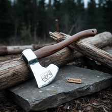 Load image into Gallery viewer, Hand Forged Damascus Steel Viking Axe – Bearded Camping Hatchet with Hardwood Handle &amp; Leather Sheath | JW SteelCrafts
