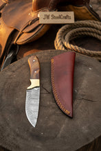 Load image into Gallery viewer, Handmade Damascus Field Knife 8” Bushcraft Knife Wood Handle with Leather Sheath
