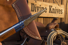 Load image into Gallery viewer, Two-Tone Blue Accent Damascus Knife with Warm Tan Wood Handle